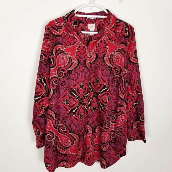 Chico's Women's Paisley Button Up Tunic Top Blouse Sz 14 Red Long Sleeve Artsy - Picture 1 of 7